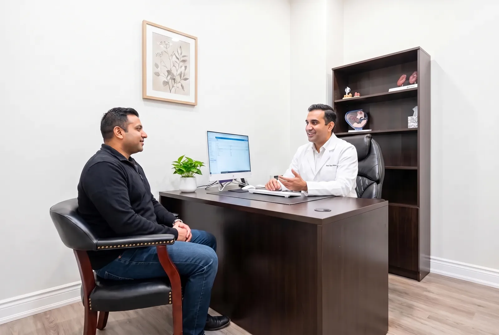 A family physician meeting with a patient in a consultation office at Victoria Medical Group