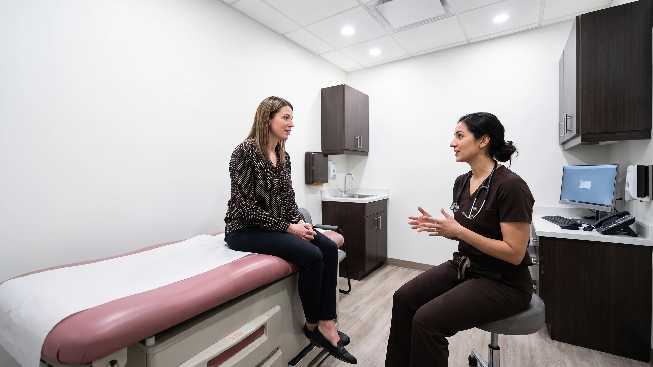A family physician consulting with a patient in an exam room at Victoria Medical Group