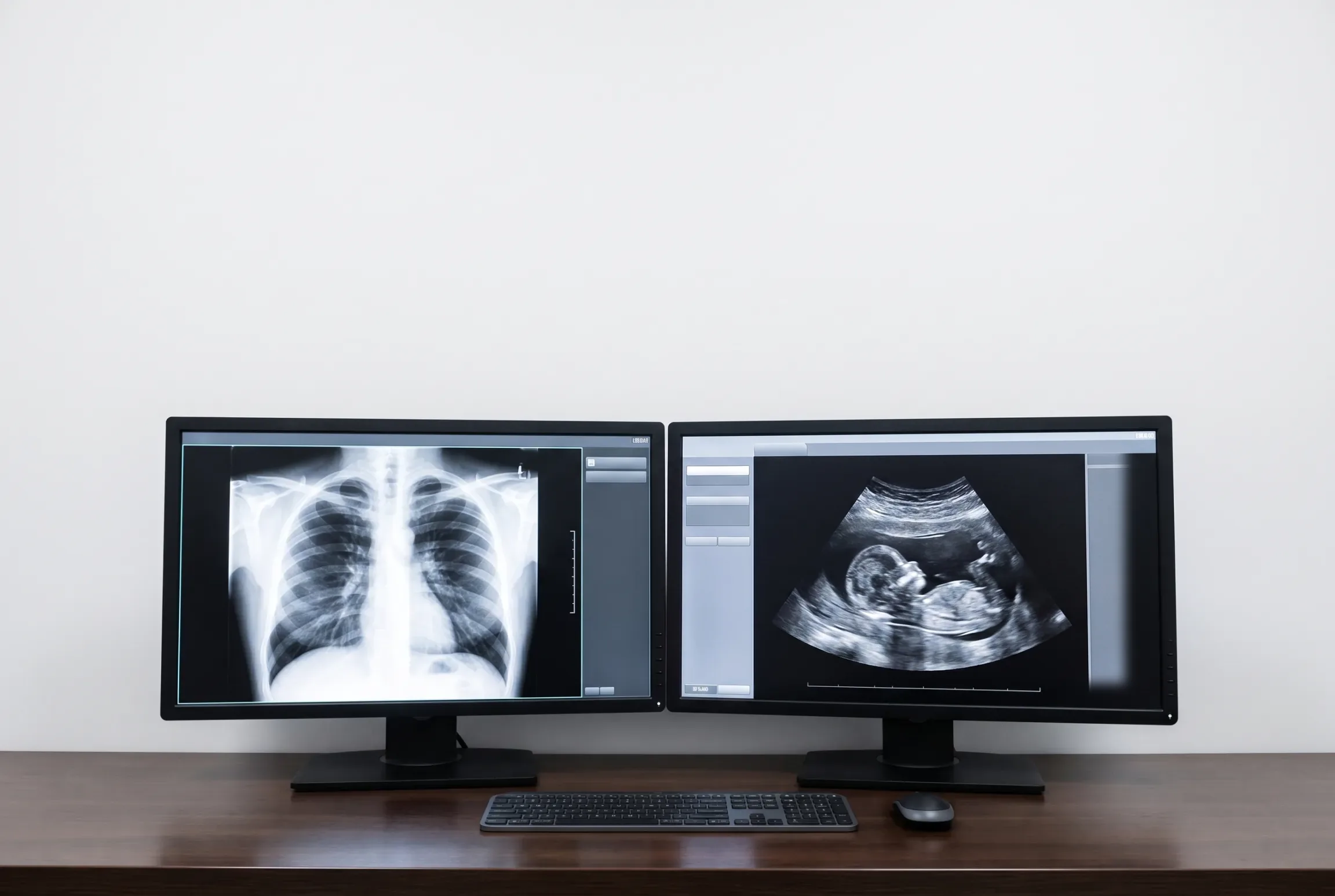 A chest X-ray and an ultrasound scan side by side on a radiology viewing station at Victoria Medical Group