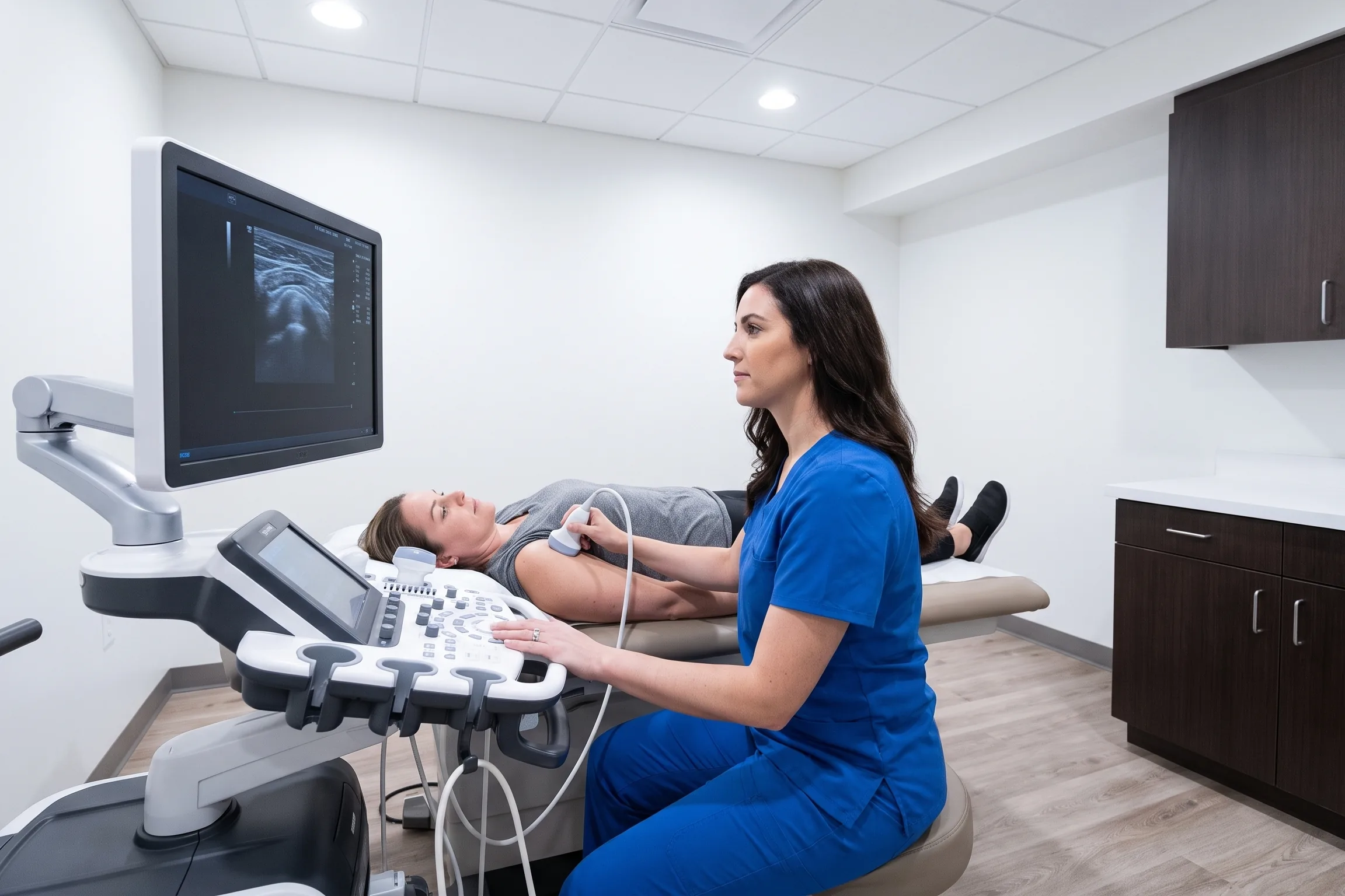 An ultrasound room with the scanner and examination bed